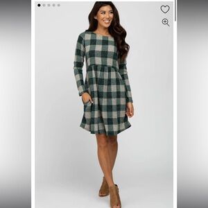 Forest Green Plaid Knit Dress with Pockets